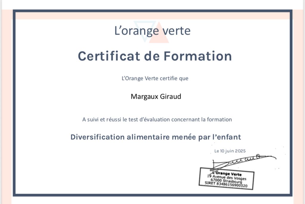 Diplôme DME validant l’accompagnement à la diversification menée par l’enfant, favoriser autonomie et plaisir alimentaire dès le plus jeune âge.