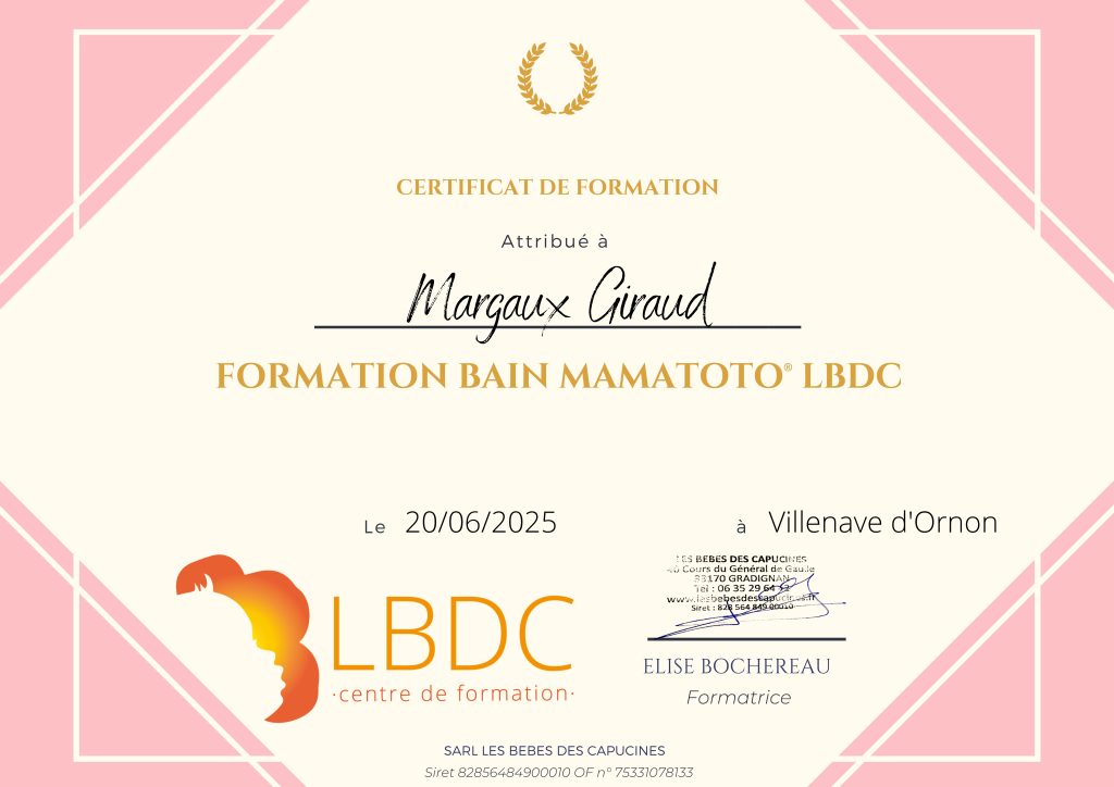 Diplôme certifiant la pratique des bains Maman-Bébé et bains enveloppés, soins doux pour renforcer le lien et le bien-être du nourrisson.